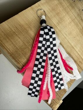 Pink and Black Check Ribbon Keychain -
